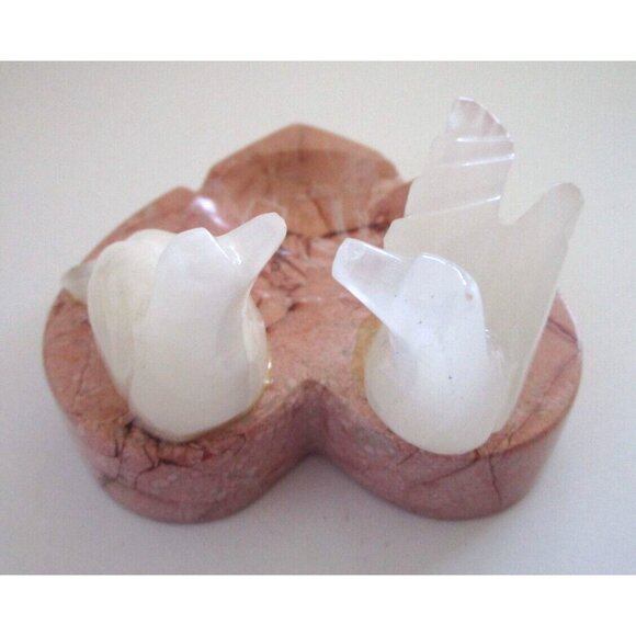 Mexican Souvenir White Alabaster Birds Pink Granite Stone Heart Ashtray Handmade - Picture 6 of 11